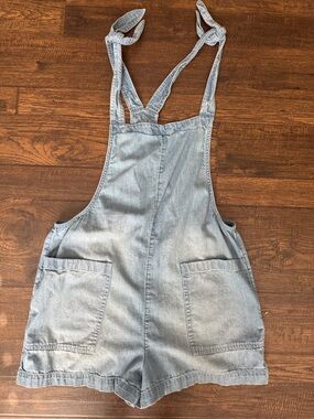 aerie Light Blue Tie-Shoulder Denim Short Overalls
